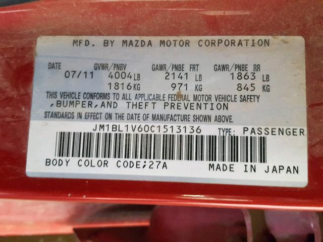 JM1BL1V60C1513136 - 2012 MAZDA 3 S RED photo 10