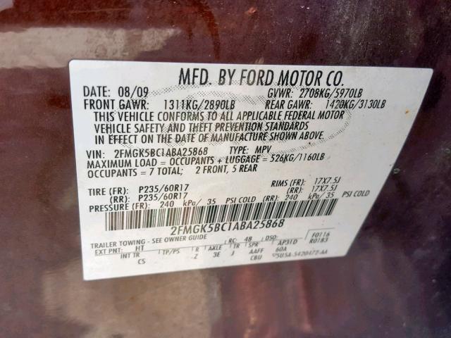 2FMGK5BC1ABA25868 - 2010 FORD FLEX SE BURGUNDY photo 10