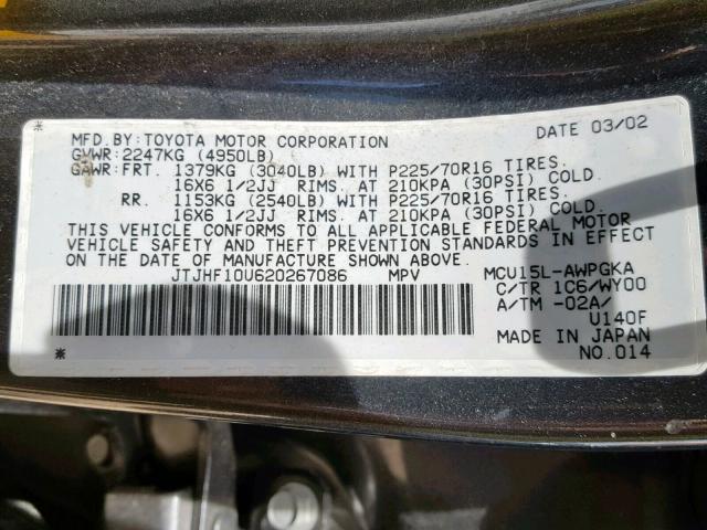 JTJHF10U620267086 - 2002 LEXUS RX 300 GRAY photo 10