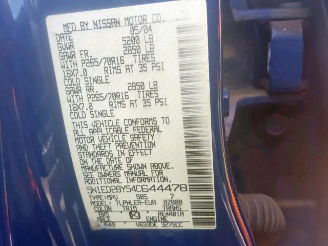 5N1ED28Y54C644478 - 2004 NISSAN XTERRA XE BLUE photo 10