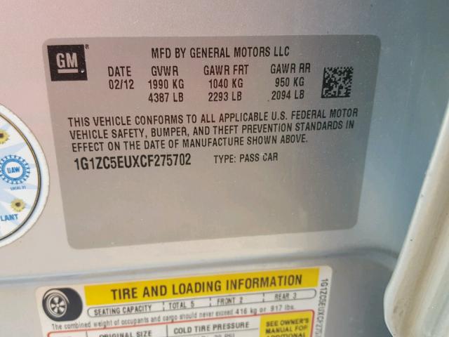 1G1ZC5EUXCF275702 - 2012 CHEVROLET MALIBU 1LT 银色 照片 10