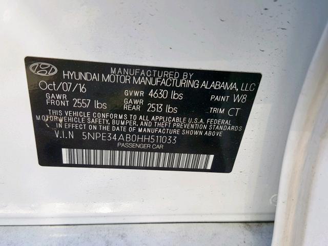 5NPE34AB0HH511033 - 2017 HYUNDAI SONATA SPO WHITE photo 10