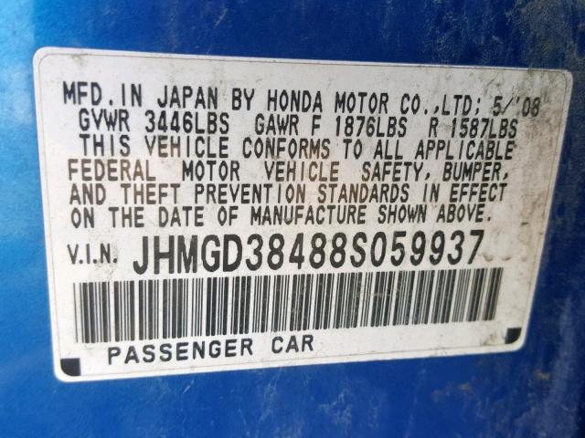 JHMGD38488S059937 - 2008 HONDA FIT BLUE photo 10