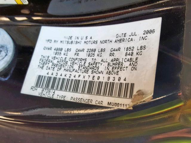 4A3AK24FX7E019304 - 2007 MITSUBISHI ECLIPSE GS BLACK photo 10