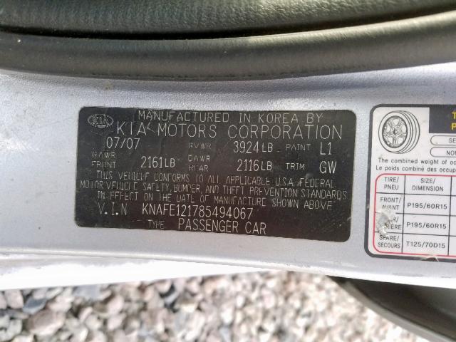 KNAFE121785494067 - 2008 KIA SPECTRA EX BLUE photo 10