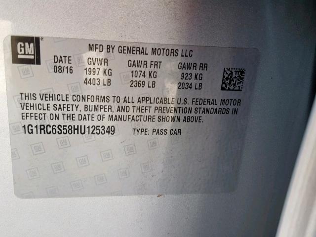 1G1RC6S58HU125349 - 2017 CHEVROLET VOLT LT SILVER photo 10