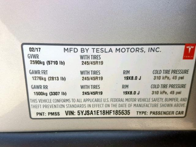 5YJSA1E18HF185635 - 2017 TESLA MODEL S أبيض صورة 10