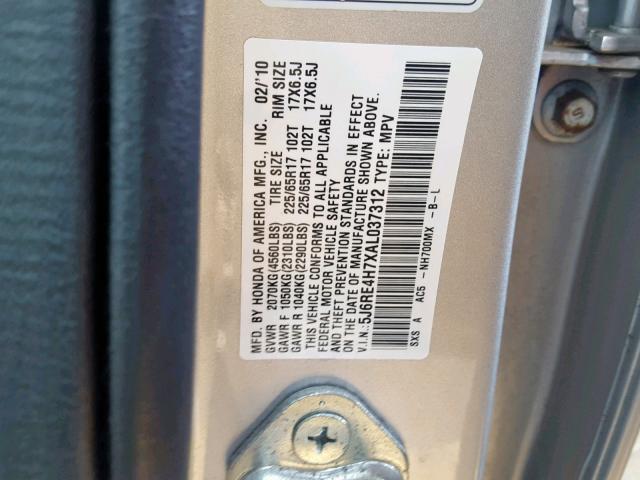 5J6RE4H7XAL037312 - 2010 HONDA CR-V EXL SILVER photo 10