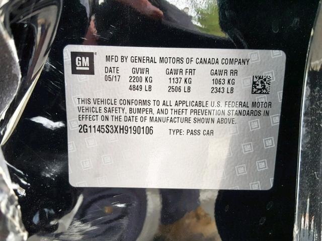 2G1145S3XH9190106 - 2017 CHEVROLET IMPALA PRE BLACK photo 10