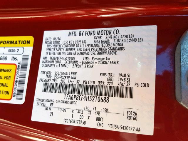 1FA6P8CF4H5210688 - 2017 FORD MUSTANG GT RED photo 10