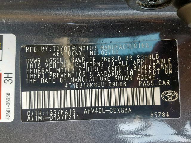 4T1BB46K89U109066 - 2009 TOYOTA CAMRY HYBR GRAY photo 10