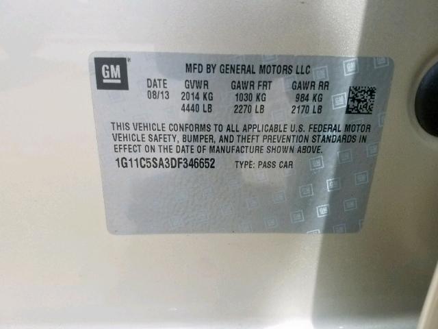 1G11C5SA3DF346652 - 2013 CHEVROLET MALIBU 1LT 米色 照片 10