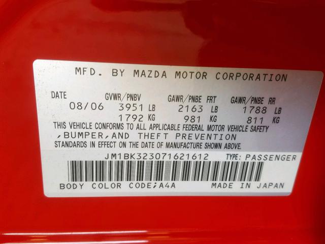 JM1BK323071621612 - 2007 MAZDA 3 S RED photo 10