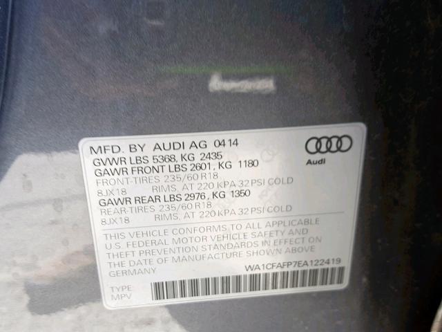 WA1CFAFP7EA122419 - 2014 AUDI Q5 PREMIUM GRAY photo 10