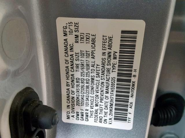 2HKRM3H71FH559535 - 2015 HONDA CR-V EXL SILVER photo 10