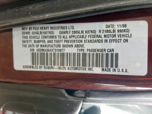 4S3BK4354X7310977 - 1999 SUBARU LEGACY L MAROON photo 10