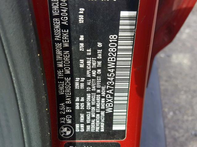 WBXPA73454WB28018 - 2004 BMW X3 2.5I RED photo 10