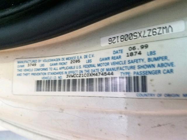 3VWCC21C0XM474544 - 1999 VOLKSWAGEN NEW BEETLE თეთრი ფოტო 10