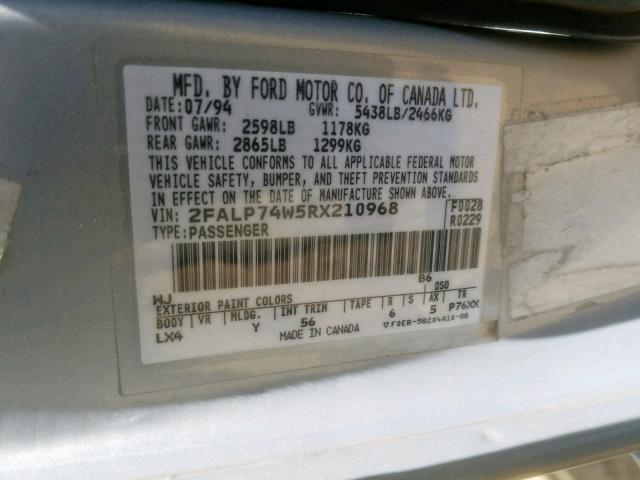 2FALP74W5RX210968 - 1994 FORD CROWN VICT SILVER photo 10