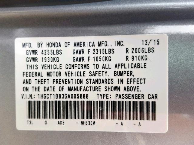 1HGCT1B83GA005888 - 2016 HONDA ACCORD EXL SILVER photo 10