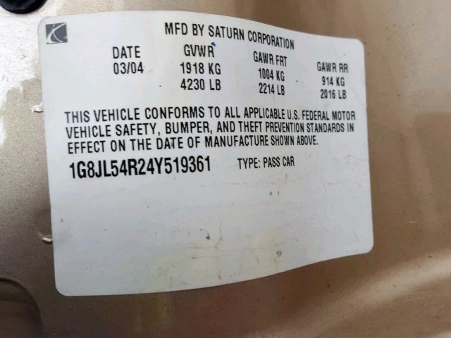 1G8JL54R24Y519361 - 2004 SATURN L300 LEVEL BEIGE photo 10