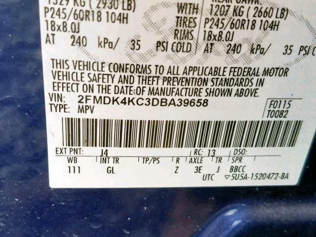 2FMDK4KC3DBA39658 - 2013 FORD EDGE LIMIT BLUE photo 10