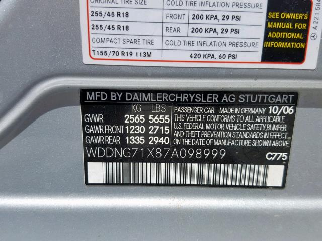 WDDNG71X87A098999 - 2007 MERCEDES-BENZ S 550 SILVER photo 10