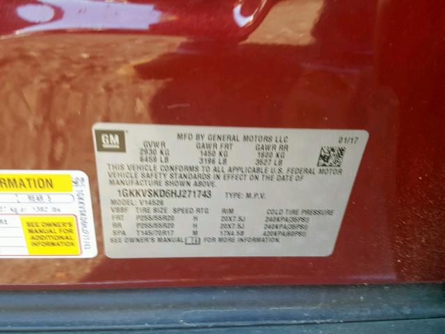 1GKKVSKD6HJ271743 - 2017 GMC ACADIA LIM RED photo 10