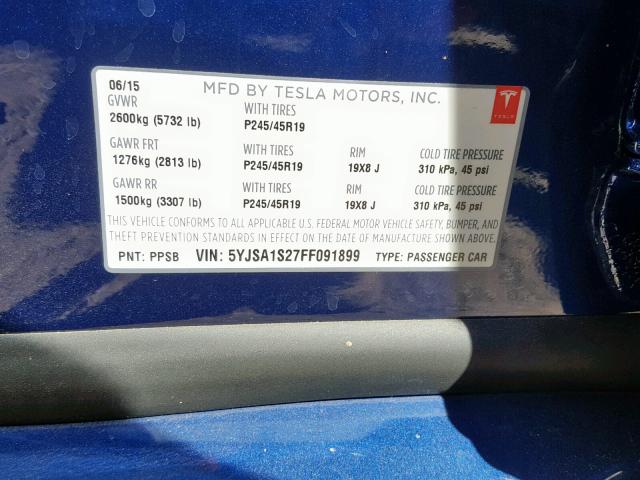 5YJSA1S27FF091899 - 2015 TESLA MODEL S 70 BLUE photo 10