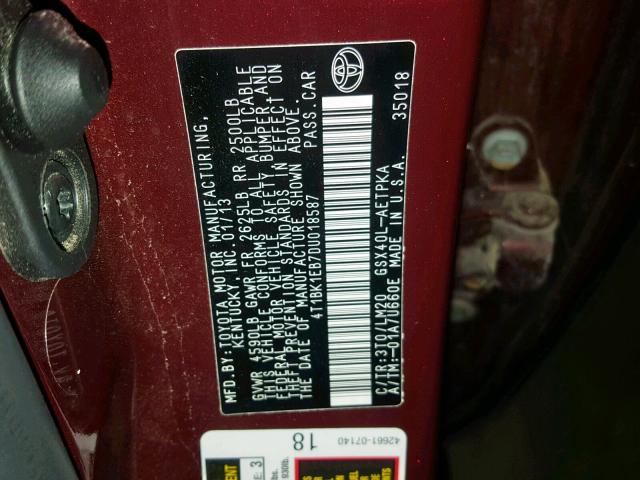 4T1BK1EB7DU018587 - 2013 TOYOTA AVALON BAS MAROON photo 10