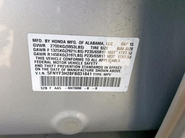 5FNYF3H28FB031841 - 2015 HONDA PILOT LX SILVER photo 10