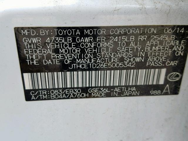 JTHCE1D26E5005342 - 2014 LEXUS IS 350 WHITE photo 10