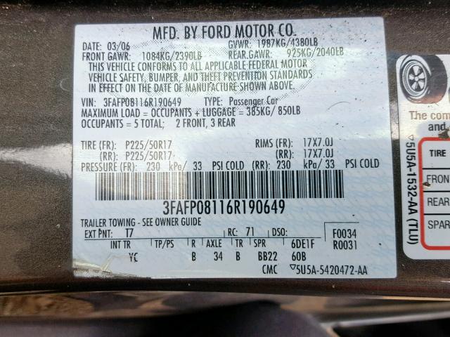 3FAFP08116R190649 - 2006 FORD FUSION SEL GRAY photo 10