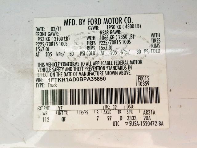 1FTKR1AD0BPA35850 - 2011 FORD RANGER WHITE photo 10