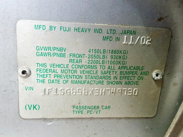 JF1SG656X3H749730 - 2003 SUBARU FORESTER 2 SILVER photo 10