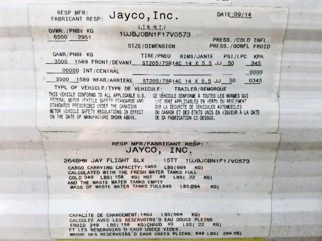 1UJBJ0BN1F17V0573 - 2015 JAYCO JAYFLIGHT  WHITE photo 10