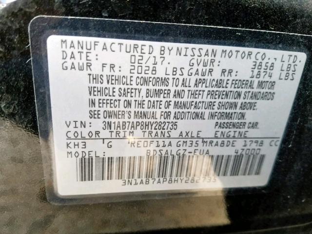 3N1AB7AP8HY282735 - 2017 NISSAN SENTRA S BLACK photo 10