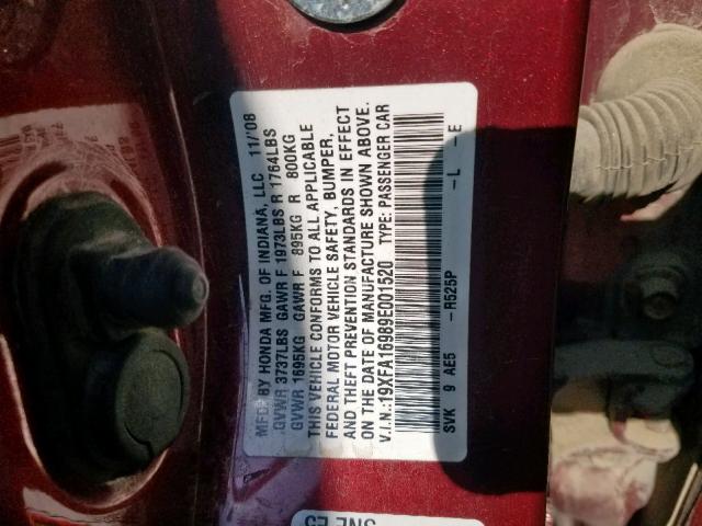 19XFA16989E001520 - 2009 HONDA CIVIC EXL RED photo 10