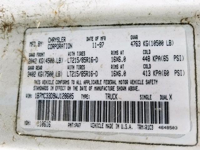 1B7MC33D9WJ128605 - 1998 DODGE RAM 3500 WHITE photo 10