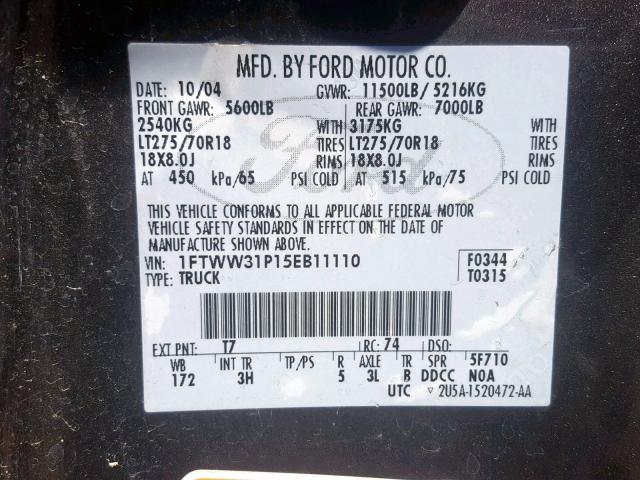 1FTWW31P15EB11110 - 2005 FORD F350 SRW S BLACK photo 10