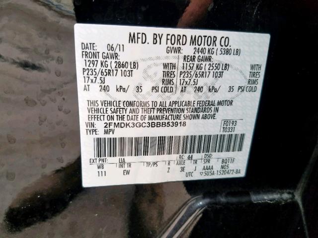 2FMDK3GC3BBB53918 - 2011 FORD EDGE SE BLACK photo 10