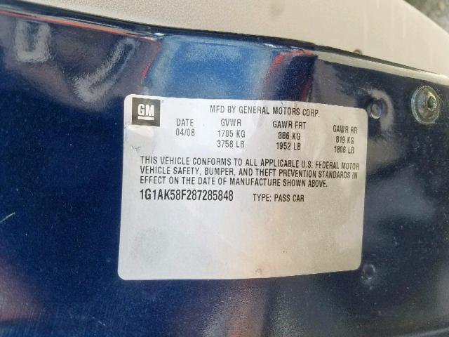 1G1AK58F287285848 - 2008 CHEVROLET COBALT BLUE photo 10