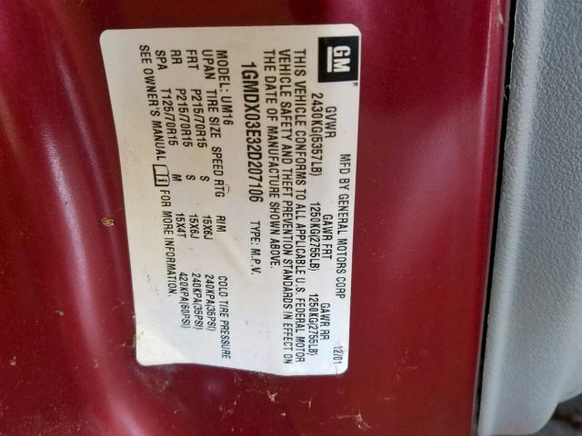 1GMDX03E32D207106 - 2002 PONTIAC MONTANA RED photo 10