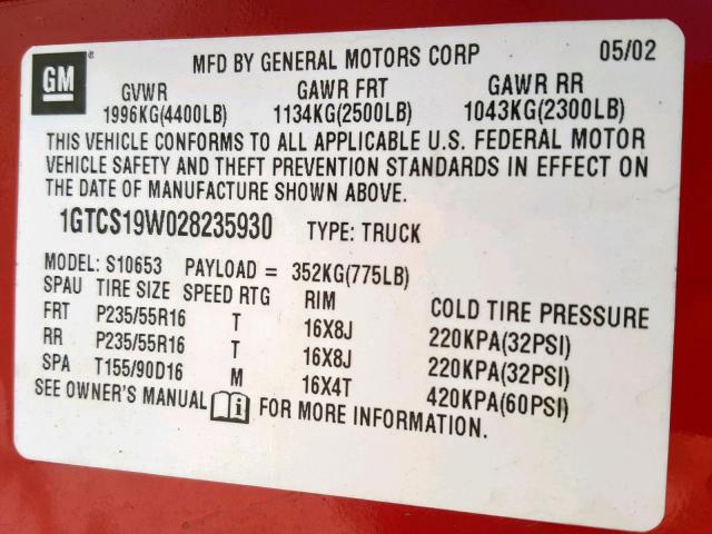 1GTCS19W028235930 - 2002 GMC SONOMA RED photo 10