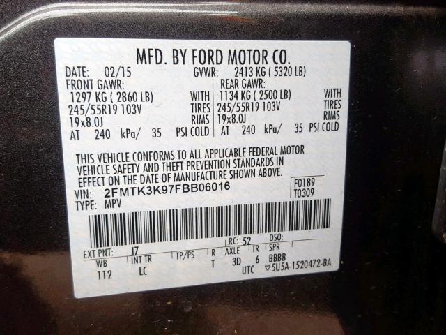 2FMTK3K97FBB06016 - 2015 FORD EDGE TITAN CHARCOAL photo 10