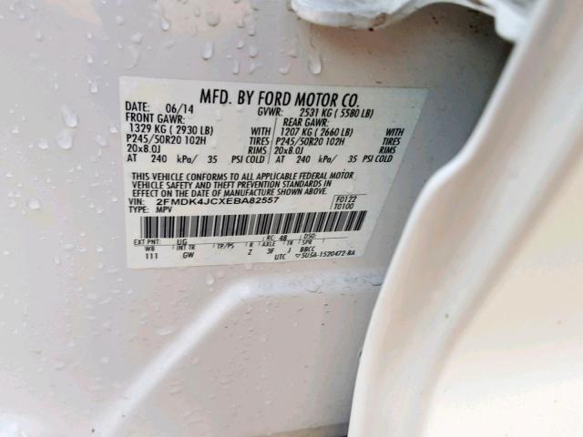 2FMDK4JCXEBA82557 - 2014 FORD EDGE SEL WHITE photo 10