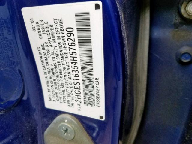 2HGES16354H576290 - 2004 HONDA CIVIC DX V BLUE photo 10