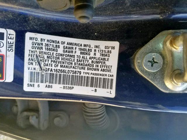 1HGFA16266L075879 - 2006 HONDA CIVIC DX BLUE photo 10