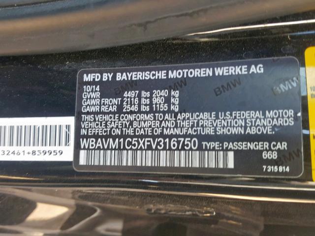 WBAVM1C5XFV316750 - 2015 BMW X1 SDRIVE2 BLACK photo 10
