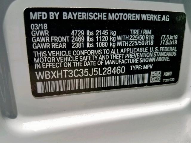 WBXHT3C35J5L28460 - 2018 BMW X1 XDRIVE2 WHITE photo 10